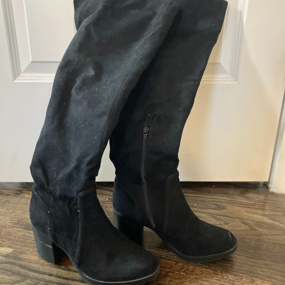 Black Faux Suede Knee High Boots